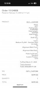 LEFT HANDED Lab golf Oz.1i putter - 34 inches - 70* lie angle